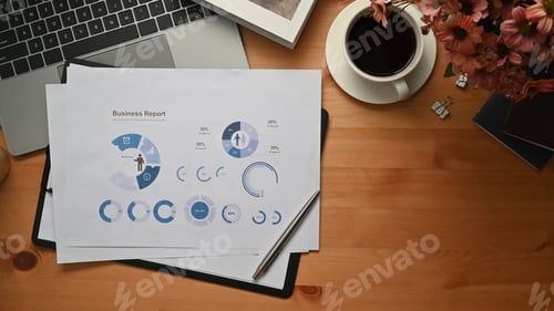 Preview: Simple workspace with financial documents, laptop, books and cup of coffee on white office desk.
