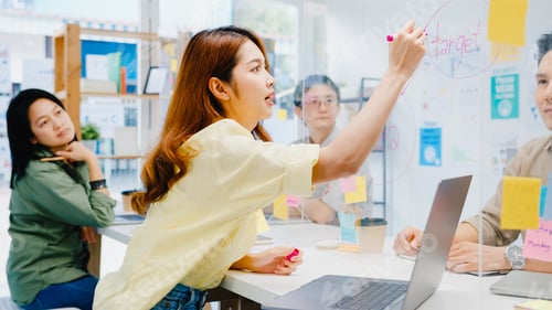 Preview: Asia businesspeople discussing business share data and write on acrylic partition stand in office.