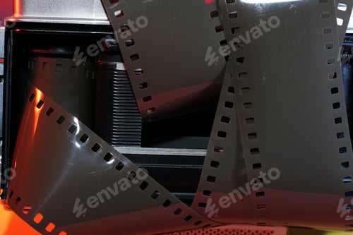 Preview: Closeup shot of an old film camera with film strips