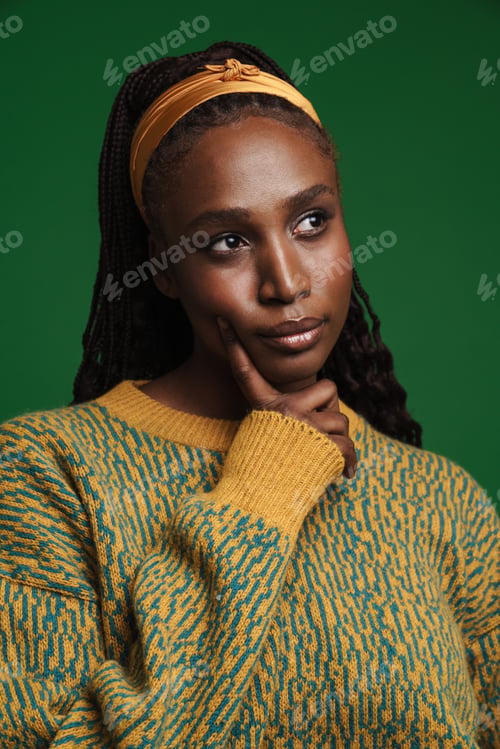 Preview: Black young woman with pigtails posing and looking aside