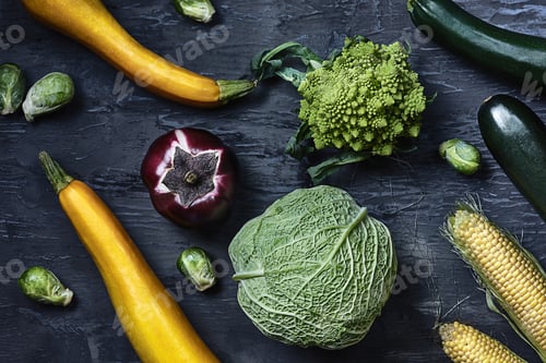 Preview: Organic vegetables on wooden table. Top view