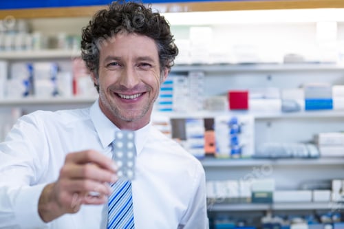 Preview: Smiling male pharmacist standing behind counter with medication shelves, offering pill blister pack