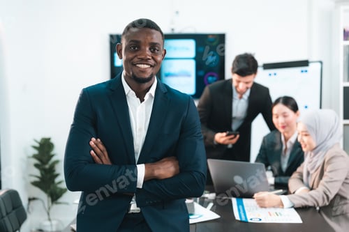 Preview: Confident businessman african leader office team meeting confident businessman with diverse team