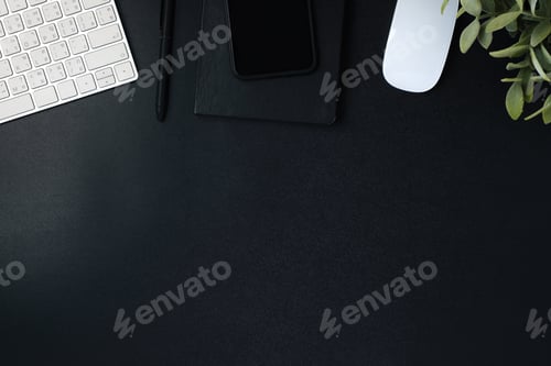 Preview: top view working desk with keyboard mouse and notebook on black table background