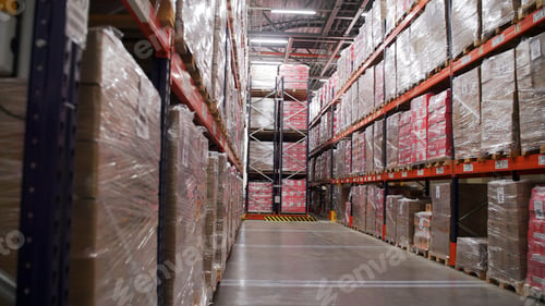 Preview: Close up of boxes on racks, goods in warehouse depot. Creative. Organized products stock in packages