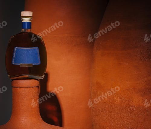 Preview: Artistic display of cognac bottle on clay sculpture