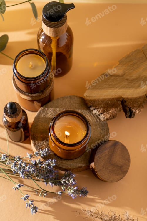 Preview: Soy candles in a glass jar. Aromatherapy. Burning candle and lavender.