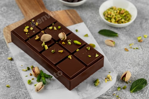 Vorschau: Dubai-Schokolade mit Kadayif-Teig und Pistazienpaste. Trendiges Dessert auf einem Brett. Leerzeichen kopieren