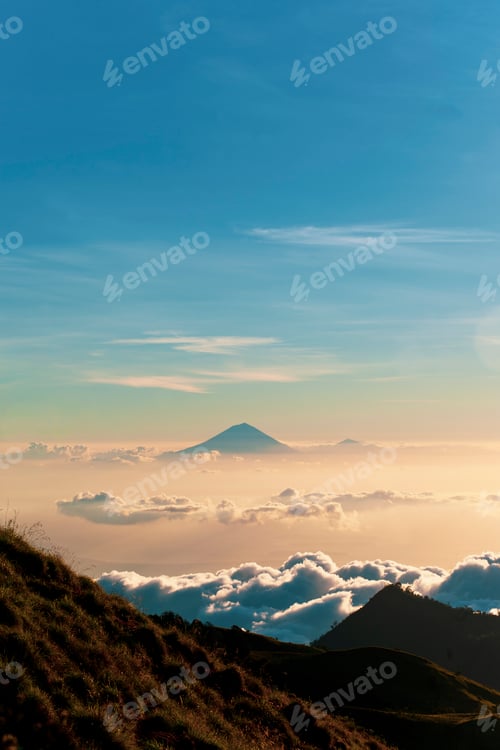 Preview: Landscape Photo of the Sunset Behind Mount Agung and Mount Batur on Bali from Mount Rinjani, Lombok,
