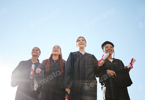 Preview: Degree, graduation and graduate class student friends happy at a education success ceremony. Divers