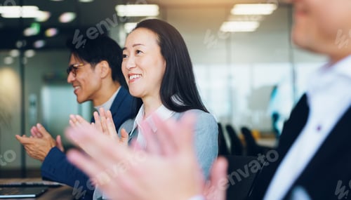 Preview: Japan, applause and business people in office, woman and achievement with success. Group, employees