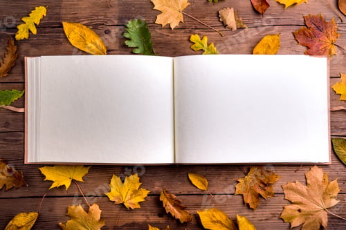 Preview: Autumn leaf composition, photo album. Studio shot, wooden back