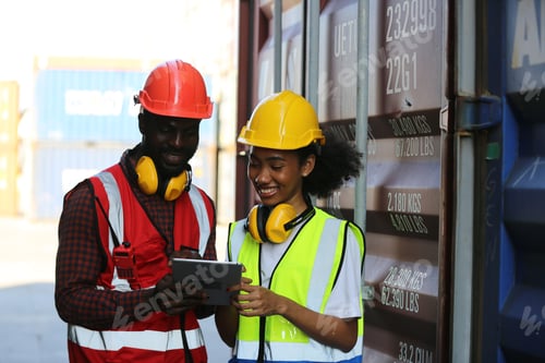 Preview: foreman checking containers in the terminal, at import and export business logistic company.