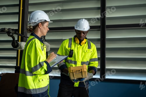 Preview: Engineer and mechanic worker checking and maintain industrial robot arm.