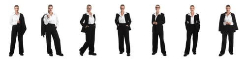Preview: Beautiful businesswoman in suit on white background, collage of portraits