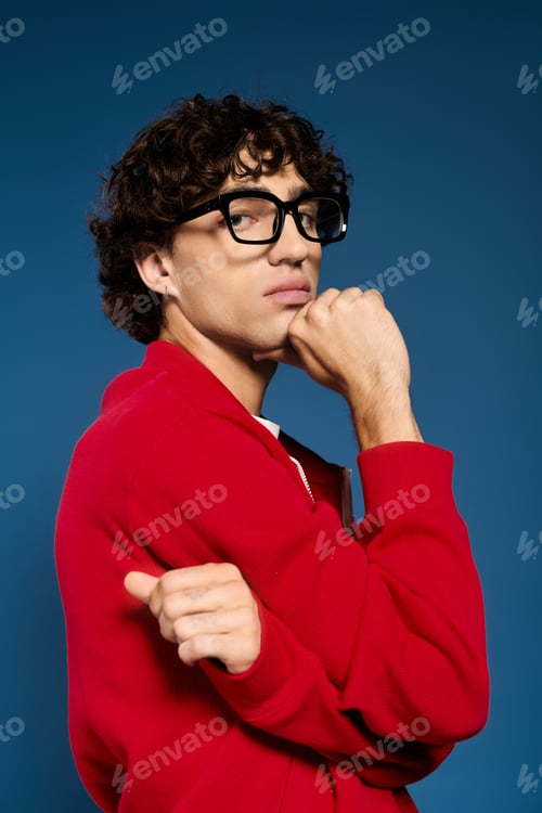 Preview: Young stylish man showcases trendy fashion against a vibrant blue background in a casual pose