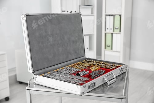 Preview: Case with trial lens set on table. Eye examination