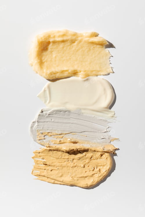 Preview: Samples and textures of various cosmetics for skin and hair care. Swatches. Skin care.
