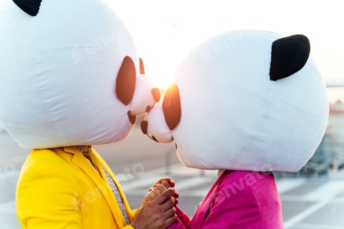 Preview: Storytelling image of a couple wearing giant panda head
