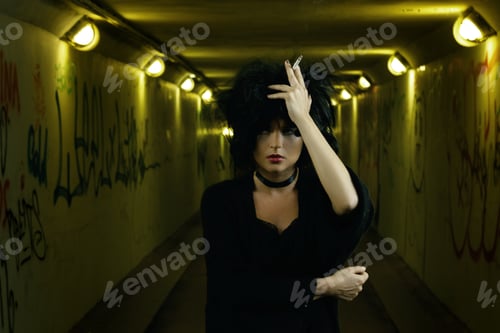 Preview: Freaky woman with black hair smoking a cigarette