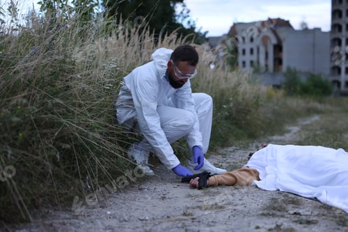 Preview: Forensic expert working at crime scene with dead body outdoors