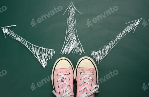 Preview: Pair of pink sneakers on a green background and arrows drawn