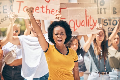 Preview: Protest, crowd of people and black woman in the street, fist in air marching for equality, human ri