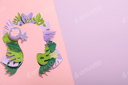 Preview: Paper female head with paper decorative leaves