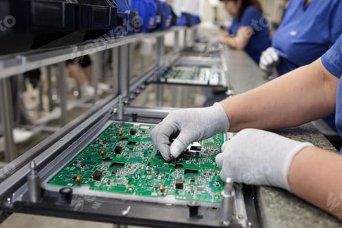 Preview: Gloved technician assembling PCB on modern SMT production line