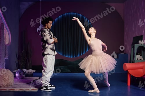 Preview: Female Ballet Dancer Showing Lunge to Young Man