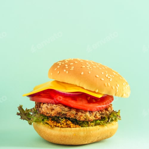 Preview: Burger (Roll, Cutlets, Cheese, Lettuce, Tomato, Onion, Sauce And More) Menu Concept. Food