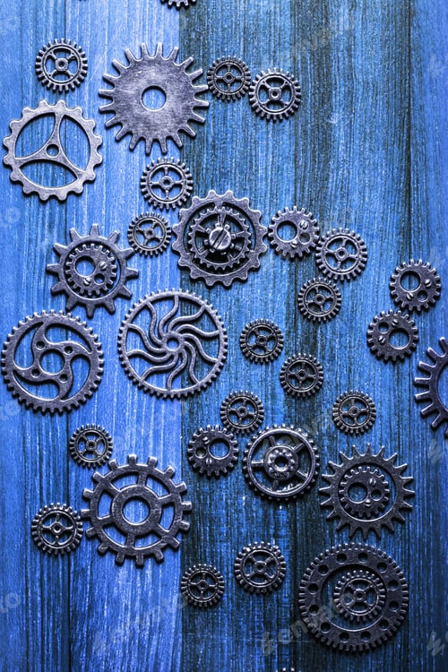 Preview: steampunk mechanical cogs gears wheels on blue background