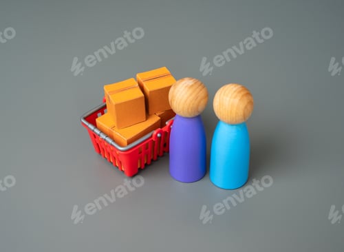 Preview: Shoppers and a shopping cart with boxes of goods.