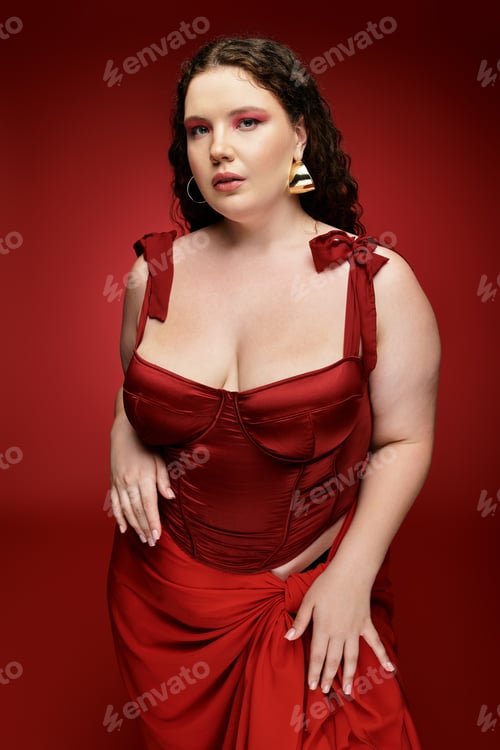 Preview: Stunning young woman with bold red attire showcases contemporary fashion in vibrant studio setting