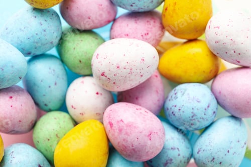Preview: Multicolor small Easter eggs background, close up