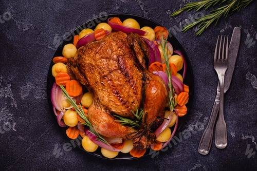Preview: Whole baked chicken with vegetables.