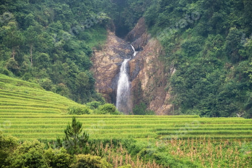 Preview: View of waterfall in valley on rice field terrace
