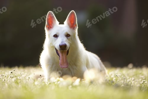 Preview: Closeup of a white Swiss shepherd dog resting on the grass
