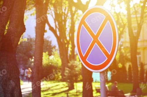 Preview: Round road sign with a red cross on a blue background. A sign means a parking prohibition