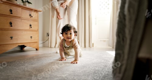 Preview: Child development, crawling and growth with baby on floor of bedroom for motor skills in home. Bala
