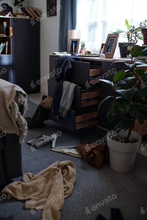 Preview: Messy Room Showing Open Drawers and Scattered Clothes on Floor