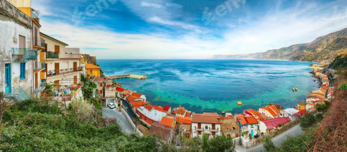 Preview: Beautiful seaside town village Scilla with old medieval castle on rock Castello Ruffo