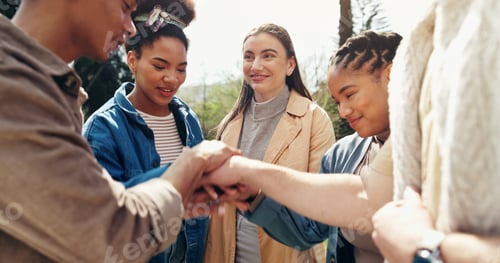 Preview: Students, smile and hands stack for teamwork outdoor with education support, learning success and s