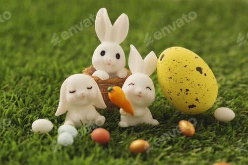 Preview: Soft focus of cute figurine bunnies and Easter eggs on a grassy lawn