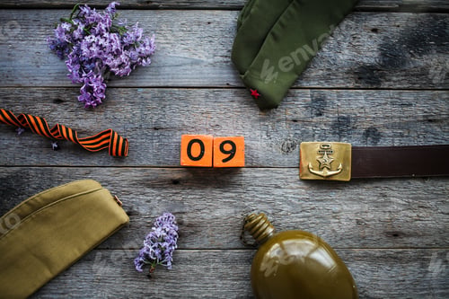 Preview: wooden calendar with the date Text in Russian May 9. Victory Day.