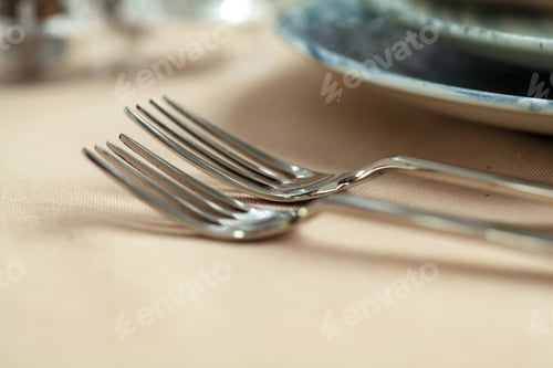Preview: Silver cutlery on table top with tablecloth