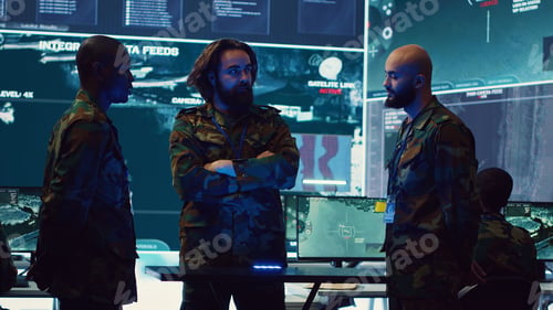 Preview: Army superior officers creating an attack plan using a hologram