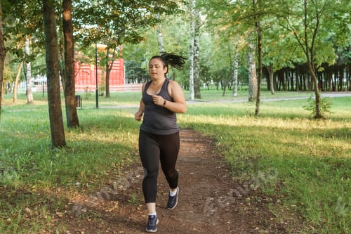 Preview: A charming brunette woman plus-size body positive practices sports in nature.