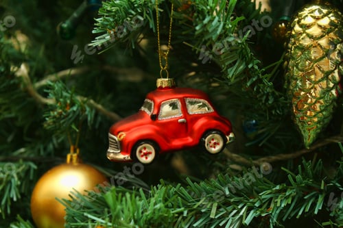 Preview: Red car toy, cone and ball on Christmas tree