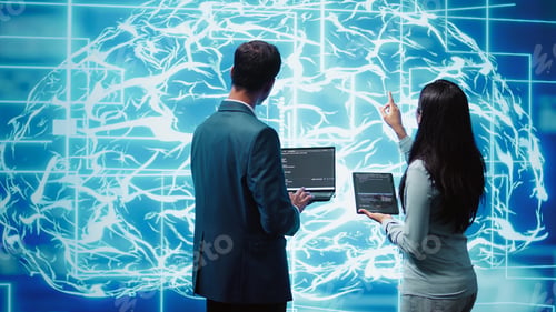 Preview: Teamworking IT staff members using AI system aiding in processing